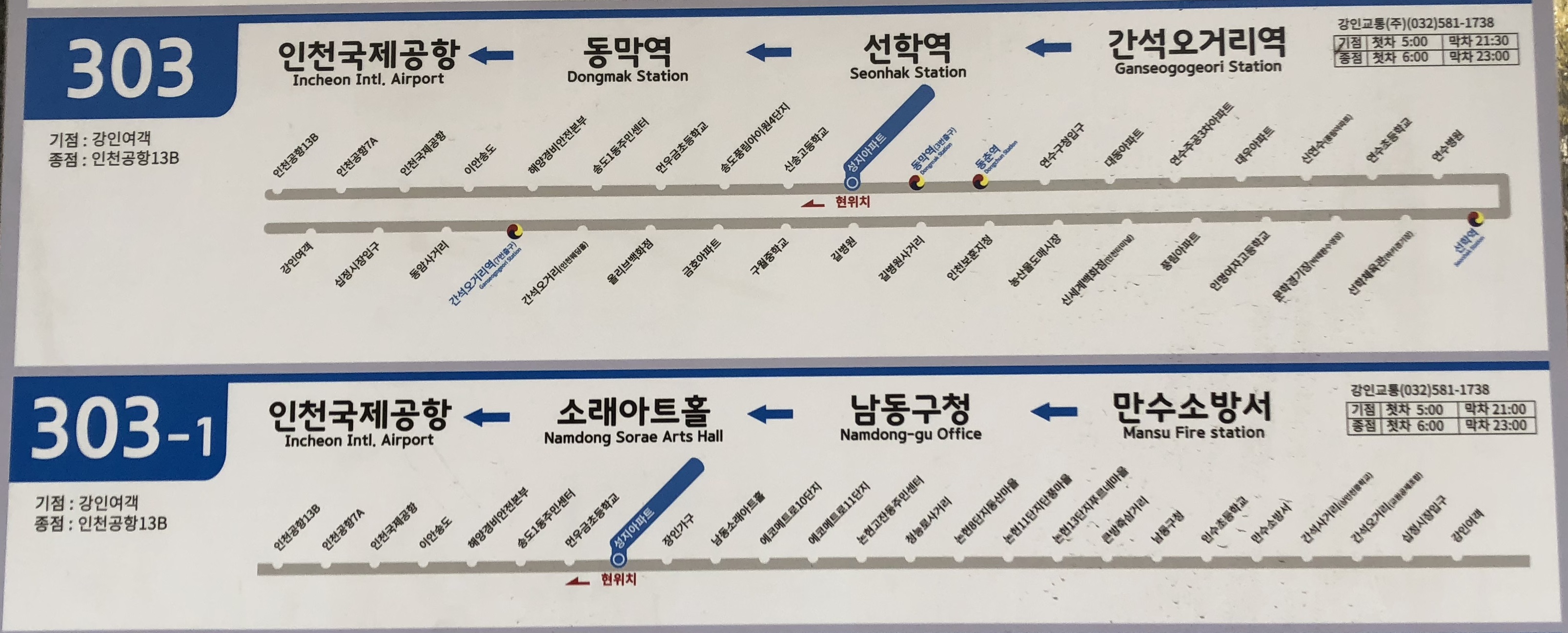 인천 버스 303과 303-1 노선도